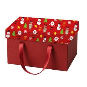 Christmas gift box featuring handles and a lid with festive patterns, a holiday-colored storage container, and a gift box decorated with Santa and snowman motifs 
