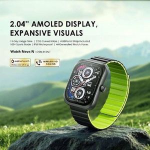 Oraimo ساعة ذكية بلوتوث بشاشة أموليد Amoled عملاقة 2.05 بوصة وجه مربع تدعم نظام GPS مدمج حزام مغناطيسي مزدوج اللون أسود وأخضر