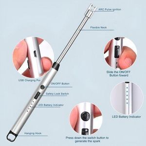 General USB lighter for travel and home use, LED display, long flexible neck, rechargeable, with child safety protection, windproof design, suitable for gas stoves, grilling (2 lighters)