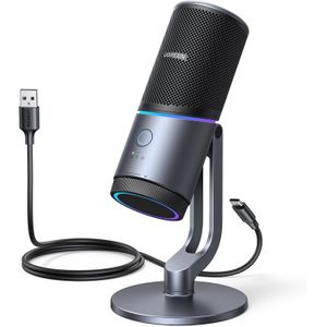 Ugreen ميكروفون للكمبيوتر الشخصي، ميكروفون USB مزود بإضاءة RGB وزر كتم الصوت، دقة 24-بت/96 كيلو هرتز، نمط التقاط قلبي (Cardioid)، تحكم في مستوى الصوت؛ ميكروفون مكثف (Condenser) مناسب للبث المباشر، والألعاب، والبودكاست، 