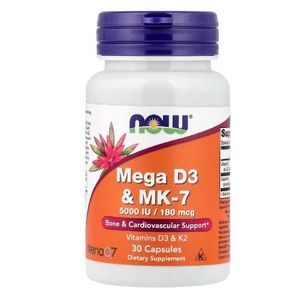 NOW Foods Mega D-3 & MK-7 5,000 IU & 180 mcg Veg Capsules 60 Capsules 60 Servings - Advanced Bone, Cardiovascular & Immune Support Matrix - Non-GMO & Gluten-Free