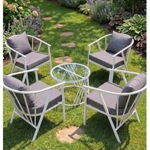 5-Piece Modern Outdoor Metal Patio Furniture Set with Round Glass Table 4-Armchair Garden Conversation Set with Tempered Glass Coffee Table