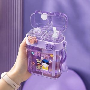 General Dual Compartment Water Bottle for Kids with Straw & Adjustable Shoulder Strap - Cute Cartoon Dual Drinks Flask