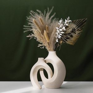 Hollow Ceramic Vase Set of 2 for Modern Home Decor, White Boho Donut Vases Nordic Minimalist Decorative Vase for Table Centerpiece Wedding Dining Living Room Office House Decoration