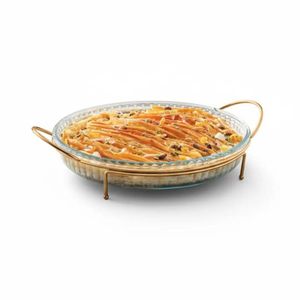 Borcam طاجن فرن زجاجي دائري من بوركام مع حامل معدني ذهبي 31.9 سم 2.95 لتر – أواني تقديم زجاجية مقاومة للحرارة (صنع في تركيا)