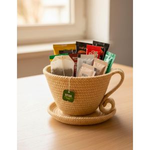 سلة تخزين فنجان شاي مصنوعة يدويا من الجوت من ام زد، منظم اكياس شاي منسوج بلون بيج طبيعي مع مقبض وصحن، حاوية مطبخ مزخرفة