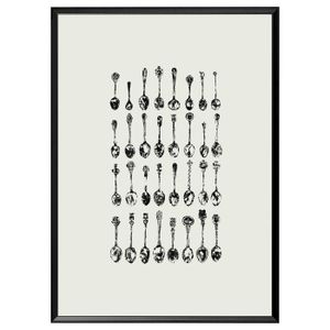 Frame with poster KNOPPÄNG picture frame with black border, featuring 4 rows of vintage black and white spoons, each in different designs.