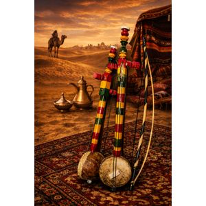 Traditional Bedouin Wooden Rababa Handmade Rebab Arabic Spike Fiddle String Instrument with Bow & Rosin – Middle Eastern Folk Music, Cultural Decor & Souvenir