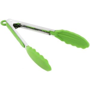 Silicone Kitchen Cooking Salad Serving BBQ Tongs Stainless Steel Handle Utensil Green