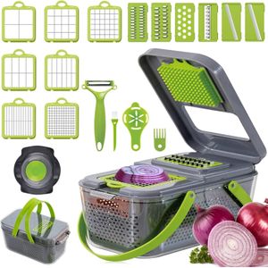 Vegetable Chopper Dicer Onion Chopper, 22 in 1 Food Chopper Fruits Cutter with 14 Stainless Steel Blades, Adjustable Slicer, Vegetable Cutter with Drain Rack Storage Container, Kitchen Gadget