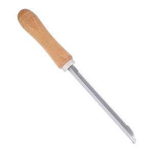 Stainless steel corer with a large wooden handle.  The best corer ever! Excellent quality, it will last a long time and is very comfortable to use.