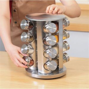 طقم توابل مودرن دوار 360 درجة مع 16 برطمان زجاجي وغطاء معدني ظم مثالي للبهارات والأعشاب المجففة - إضافة أنيقة لأي مطبخ حديث 