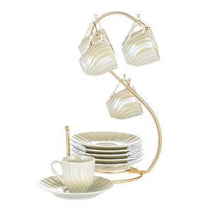 طقم قهوة بورسلين لاستر 12 قطعة + استاند ذهبي - لوتس