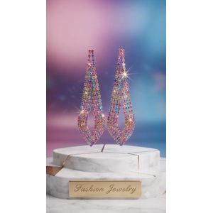 Luxurious Long Radiant Multicolored Rainbow Rhinestone Dangle Statement Earrings – Handcrafted Pure Rhinestone Design for Elegant Occasions