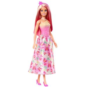 Mattel دمية باربي الملكية ذات الشعر الوردي والأشقر، مع تنورة مزينة بنقشة الفراشات وإكسسوارات - HRR08