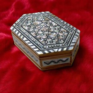 J116 Mother of Pearl Inlaid Elongated Hexagon Box Decorated Inside & Out