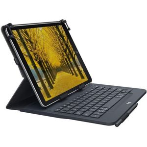 Logitech حافظة حماية عالمية فوليو لجهاز ايباد او تابلت من لوجيتيك مع كيبورد بلوتوث لاسلكي، لاجهزة ابل 9-10 انش، اندرويد او ويندوز، سهلة الاعداد، عمر بطارية لمدة عامين، تصميم كويرتي UK - اسود