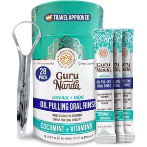 Gurunanda Oil Pulling Travel Sachets - 28 Sachets with Coconut Oil, 7 Essential Oils,Vitamins D, E & K2 - Ayurvedic Mouthwash for Oral Care - Supports Bone & Gum Health, Fresh Breath & Teeth Whitening