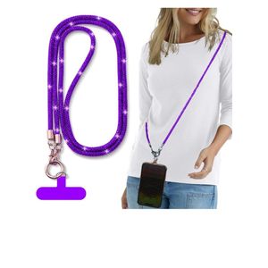 حبل تعليق للهاتف، حبل تعليق مرصع بالكريستال مع أحجار الراين اللامعة، حزام هاتف لامع يناسب معظم الهواتف وأجهزة الآيباد وحقائب اليد والمحافظ، حامل هاتف للرقبة للنساء (بنفسجي)