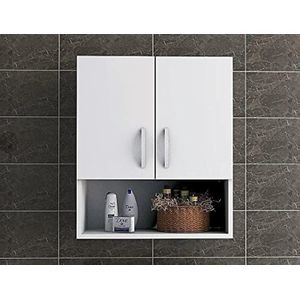 bathroom shelving unit has 2 doors and 3 shelves - White