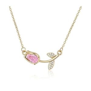 stainless steel Pink Rose Zircon Pendant Necklace