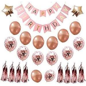 مجموعة لافتات بالونات عيد ميلاد باللون الذهبي الوردي، بالونات رقائق ذهبية وردية، بالونات كونفيتي، بالونات نجمة مع شرائط وزخارف لجميع الأعمار لمستلزمات وتزيين حفلات عيد الميلاد