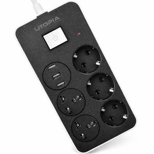 Utopia مشترك كهربائي ذكي 5 مقابس و 3 منافذ شحن USB بقوة 2.4 أمبير - سلك متين بطول 2 متر يتحمل حتى 2500 واط هيكل مقاوم للحرائق وحماية ذكية للأجهزة - موديل U-160
