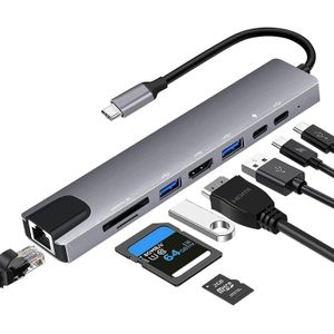 موزع USB نوع C مع محول ايثرنت، موزع متعدد المنافذ 8 في 1 بمنفذ USB نوع سي مع بي دي 100 وات، HDMI 4K، USB 3.0، منفذ نوع C، قارئ بطاقات SD/TF لآيفون 15، ماك بوك، اي باد، سامسونج، سيرفس