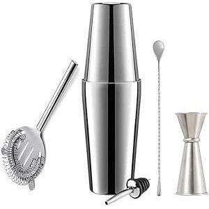 Cocktail Shaker  Martini Drink Shaker  Boston Shaker Bar Set  Cocktail Strainer  Bar Tools  Bartender Kit  Stainless Steel Double Measuring Jigger Mixing Spoon: 6 Pcs Set