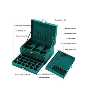 Jewelry Box Organizer Large 3 Layers Velvet Jewelry Box Fannel Jewelry Organizer with Lock Jewelry Display Holder Case for Earring Necklace Makeup Watches(Green) Size 17*25 cm