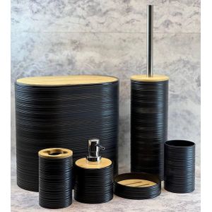 طقم اكسسوارات حمام 6 قطع باسكت بيضاوى بغطاء خشب بامبو فرشة حمام بالقاعدة دسبنسير صابون حامل فرش الاسنان حامل ادوات حلاقة صبانه (اسود)
