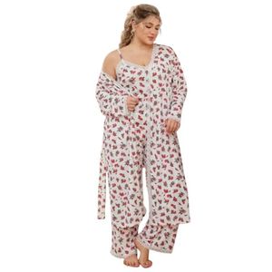 Plus Size Pajama Set - 3 Pieces - White with Strawberry Print