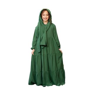 BAHGA FASHiON  إسدال ودريس للاطفال من ( سن 5 الى 16 سنه )– موديل مكه – خامة فسكوز مستورد - اللون زيتى
