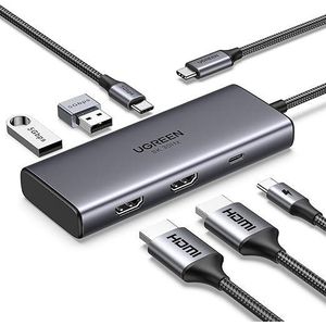 Ugreen محطة إرساء 15852 Hub Dual 4K@60Hz HDMI، 6 في 1 USB-C، تدعم شاشتين للكمبيوتر المحمول، مع منفذ HDMI بدقة 4K@60Hz، وشحن PD، ومنفذ USB-C، ومنفذي USB-A 3.0 لنقل البيانات، متوافقة مع أجهزة MacBook/iPad/XPS/ThinkPad/Surface Pro