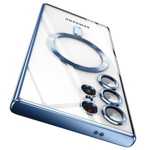 جراب حماية بحواف مطلية لهاتف Samsung Galaxy S22 Ultra، يدعم الشحن اللاسلكي، حماية للكاميرا، سطح مقاوم للخدوش - أزرق سييرا