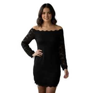 Fg Black, lined lace dress with off-the-shoulder design, long sleeves, short length