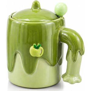 Unique Matcha Green Porcelain Mug with Lid Distinctive Droplet Design, Creative Handle, Green Apple Accent, Spherical Knob Lid, Matcha Green Color