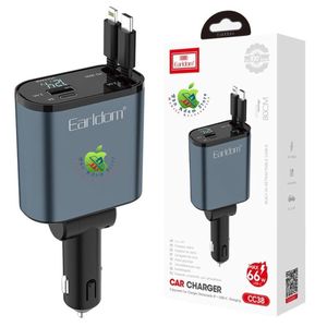 Earldom ES-CC38 Retractable Car Charger 66W (12 and 24V) with Digital Display and 80cm Type-C & Lightning Cables, USB & Type-C Ports