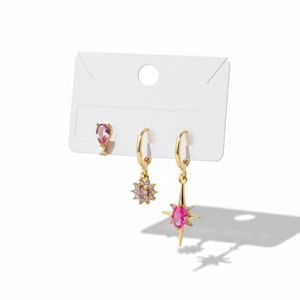 طقم حلقان غير متماثلة مطلي بالذهب للنساء – كريستال وردي بشكل نجمة ودمعة (3 قطع)