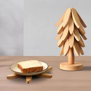 وسادات حرارية للطاولة - مجموعة قواعد اكواب مزخرفة بتصميم شجرة الخيزران مكونة من 4 قطع مع حامل عملي