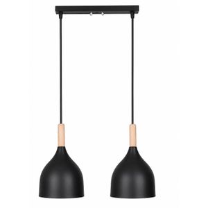 Modern Double Pendant Light with Natural Wood Detail - Black Metal Hanging Ceiling Lamp - 17 cm Width Each
