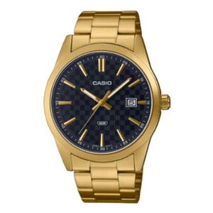 Casio Watch Analog Date Display Black Dial Stainless Steel Gold Ion Plated Case and Band MTP-VD03G-1AUDF