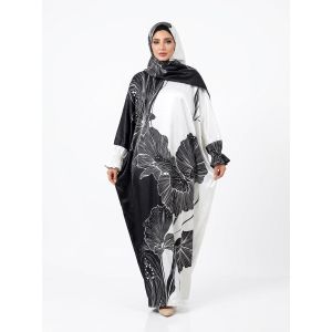 اسدال نسائي فاخر بلون White * Black بتصميم زهري أنيق، مناسبة للمناسبات الرسمية واليومية، مصنوعة من قماش ناعم وخفيف الوزن  مقاس 80-160 KG