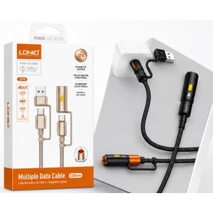 Ldnio LC18 4-in-1 Multiple Data Cable - 65W Fast Charge - USB-A & USB-C to Type-C & Cigarette Lighter Tip - 1200mm
