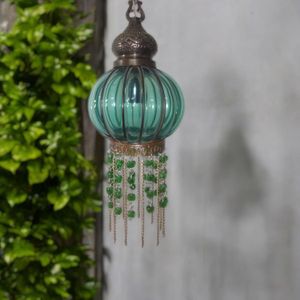 B291 Vintage Moroccan Pendant Light, Green Glass Globe with Brass Beaded Chains, Wrought Iron Frame