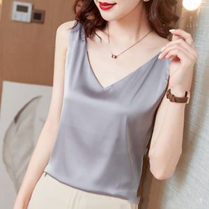 Summer Women V Neck Sleeveless Silk Satin Camisole Tank Top Shirts