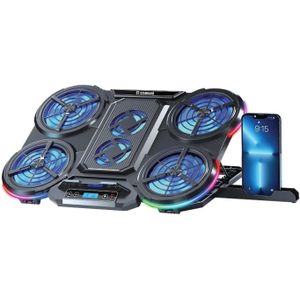 Standard Laptop Cooling Pad with Phone Stand, 6 Blue LED Multi Speed Fans, LCD Display, Side RGB Lighting, 2 USB Ports, for 12-17 Inch Devices, Black