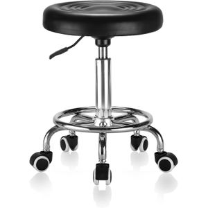 Round Rolling Stool: Adjustable Height, 360°Smooth Swivel, Stool with Wheels and Footrest, PU Leather, Rolling Stool Chair Compact for Massage, Tattoo, Salon Stool Weight Capacity 300LBS (Black)