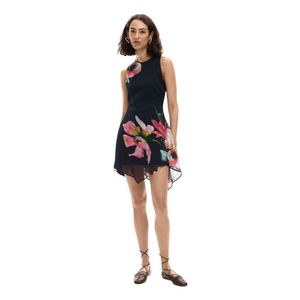 Desigual Sleeveless midi dress made of tulle fabric, with asymmetric hem and floral print