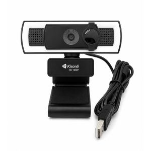 Kisonli 1080P Webcam with Built-in USB Microphone and Automatic Exposure (AE) - Touch-Controlled White and Warm Lighting - Model D3 - Black - Suitable for Meetings, Live Streaming, and Distance Learning